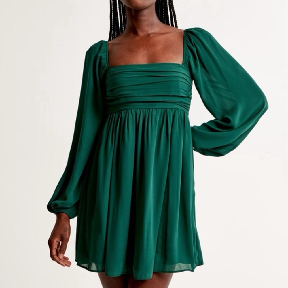 Abercrombie & Fitch Babydoll mini dress long sleeve dark green small petite
